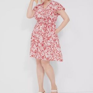 NWT LANE BRYANT LENA SURPLICE NECK FIT & FLARE DRESS RED FLORAL Flutter 16